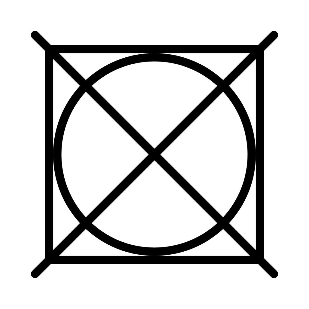 Pyykin pesuohjeen kuivausmerkintänä neliö ja sen sisällä ympyrä, Jos päällä on ruksi, tekstiiliä ei saa kuivata kuivausrummussa.